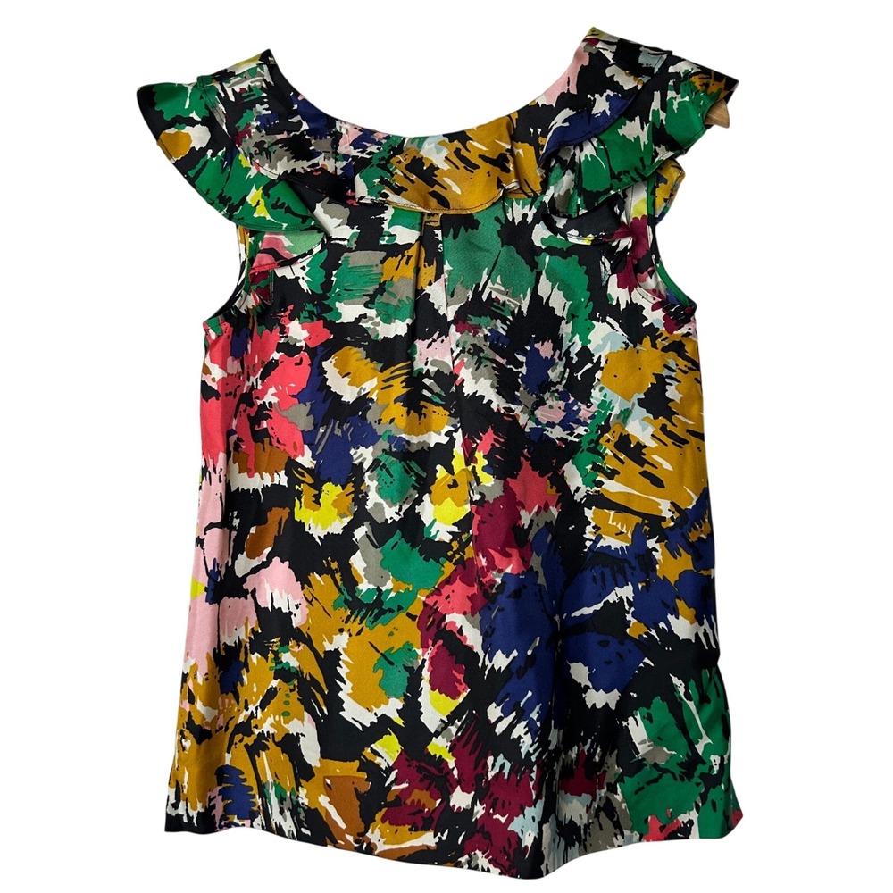 J. Crew Silk Top Size 0 Silk Ruffle Neck Abstract Multicolor‎ Sleeveless Blouse